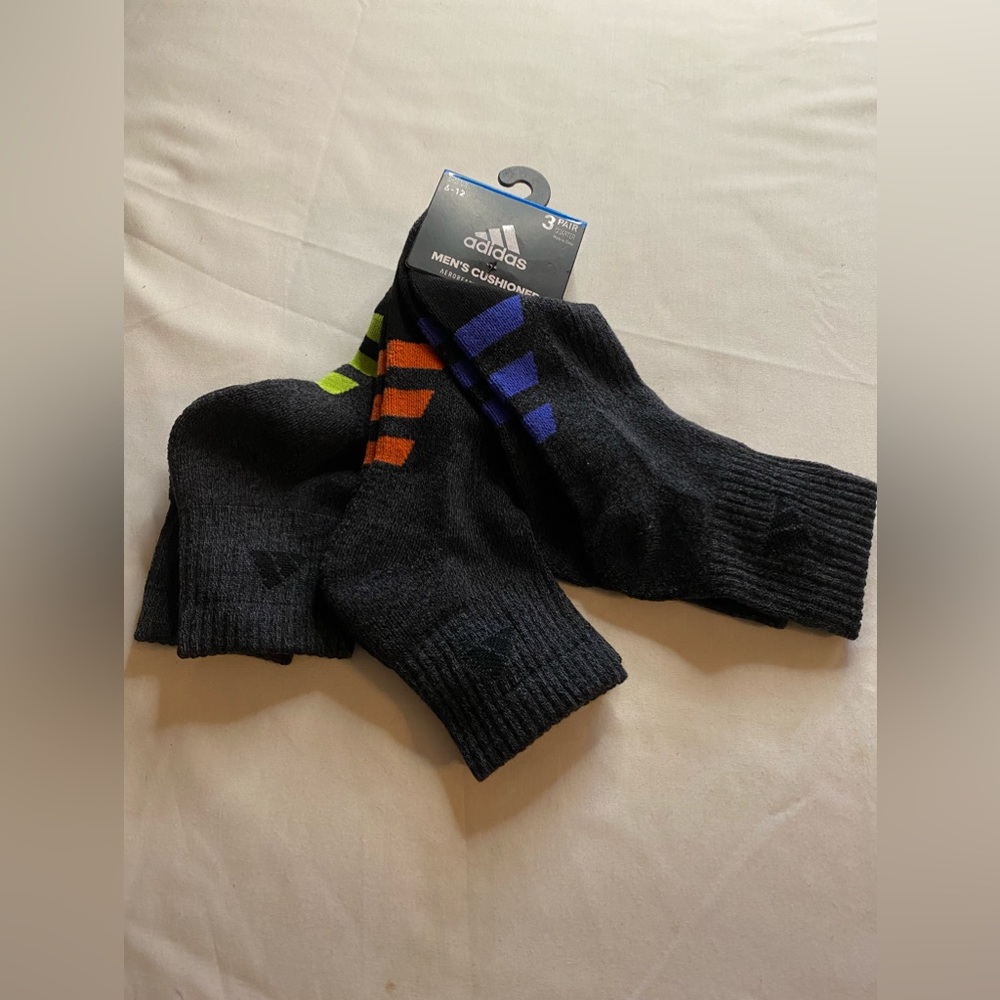 Adidas Men's Cushioned 3-Pair Quarter Socks Sz 6-12 Gray(Green, Orange, Blue)